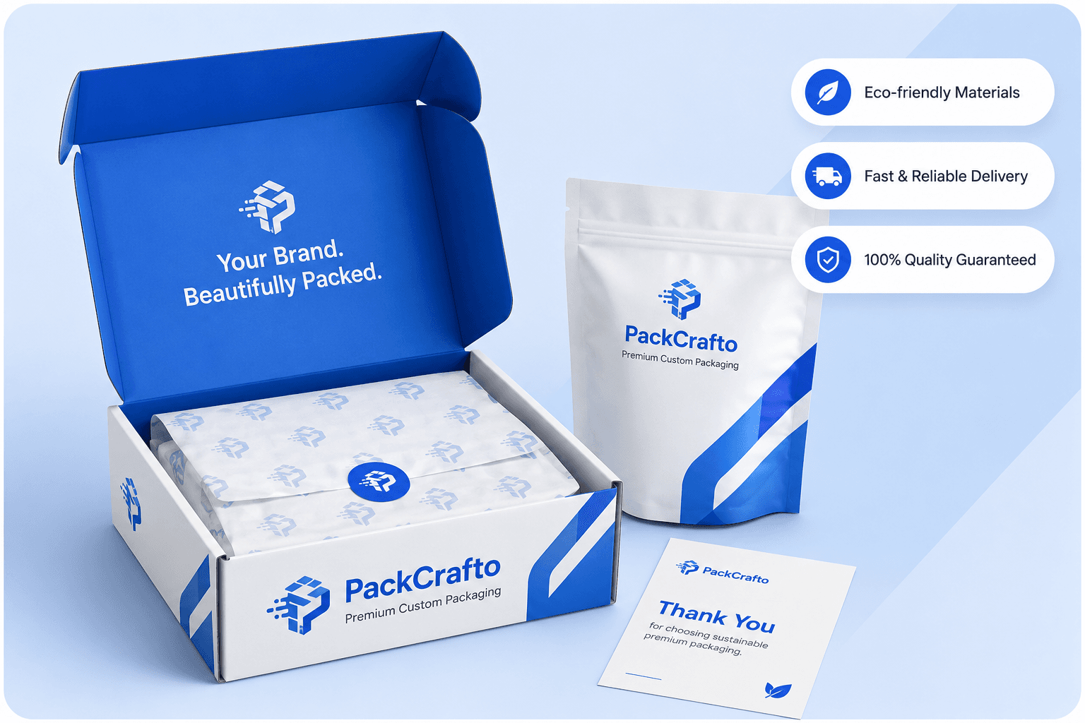 PackCrafto custom packaging — mailer box and pouch with the PackCrafto brand applied